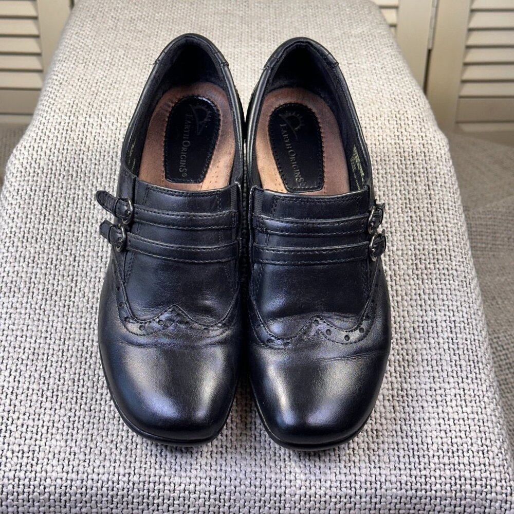 Earth Origins Carma 5 Black Leather Wingtip Slip On Square Toe Comfort Shoe Sz 7 - Picture 6 of 7